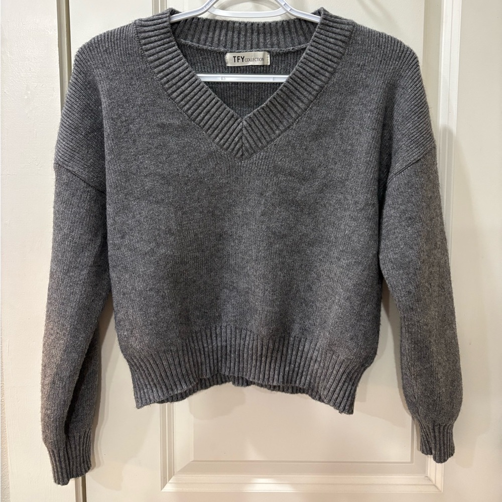Women's Gray V-Neck Sweater lightly cropped